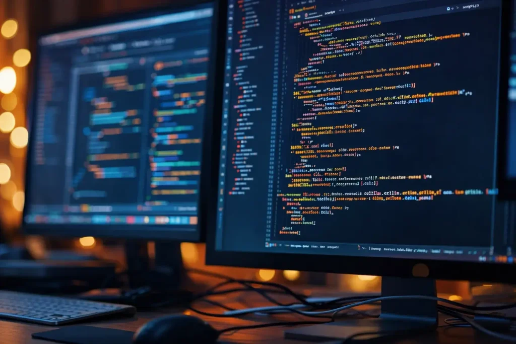 Dual monitors displaying colorful code in a dark room with soft, warm bokeh background lighting.